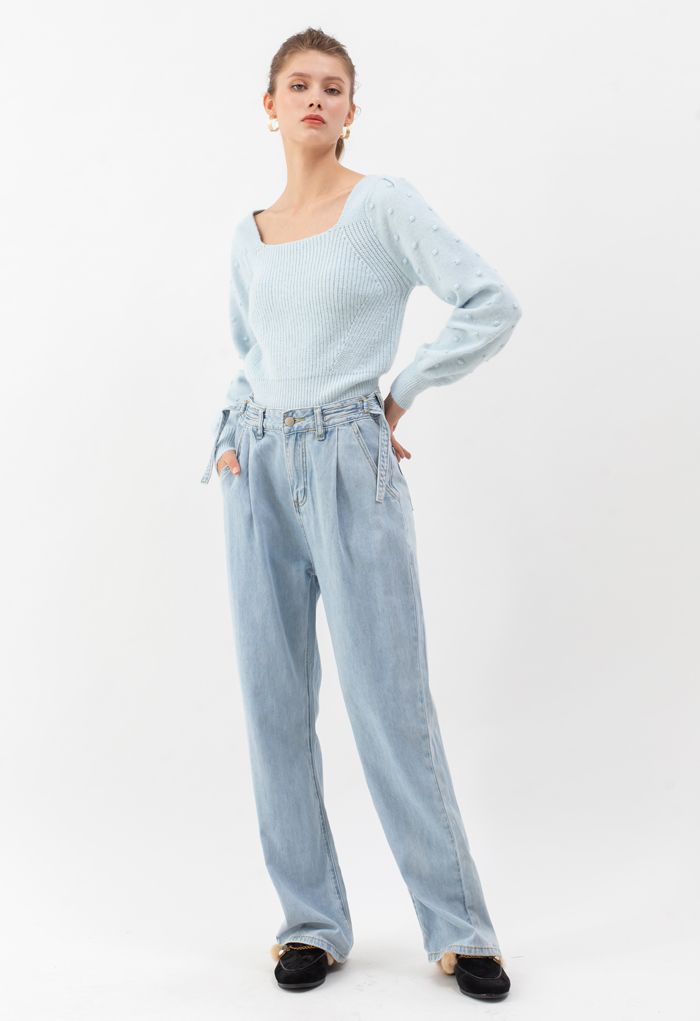 Belted Wide-Leg Pocket Jeans in Hellblau