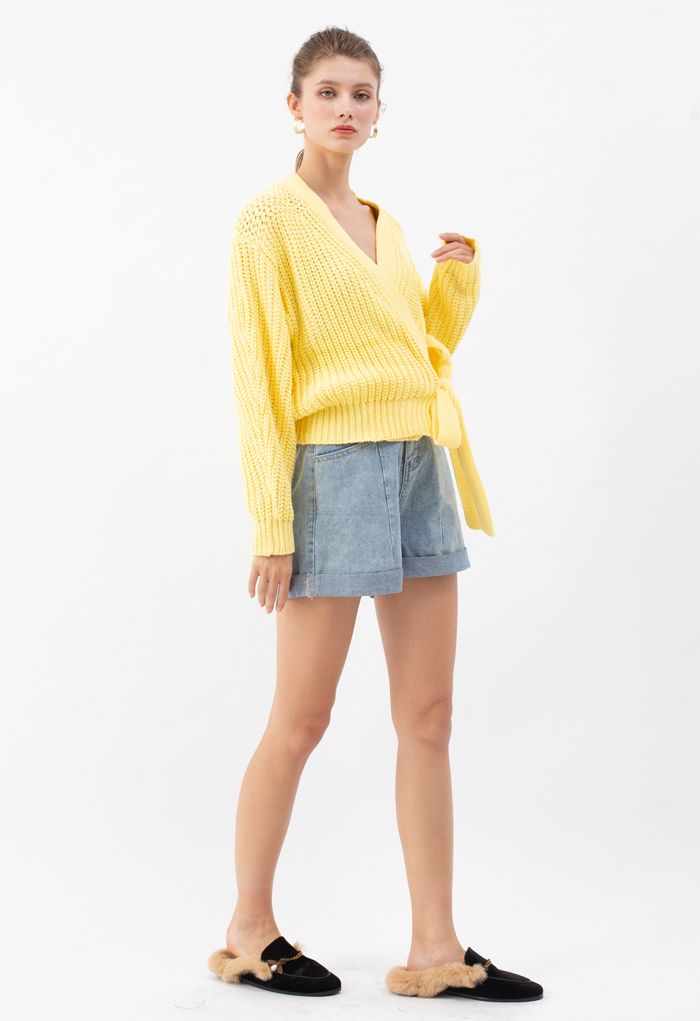 Wickeln Sie Bowknot Chunky Knit Sweater in Gelb