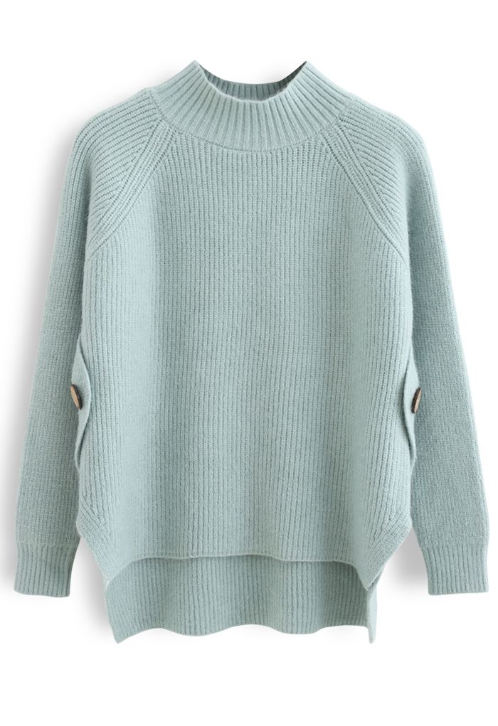 Button Side Hi-Lo Strickpullover in Mint
