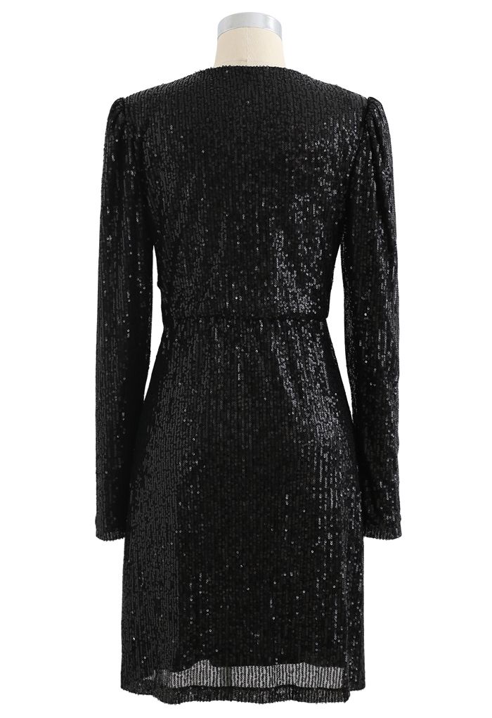 Shimmer Sequin Padded Shoulder Mesh Kleid in Schwarz