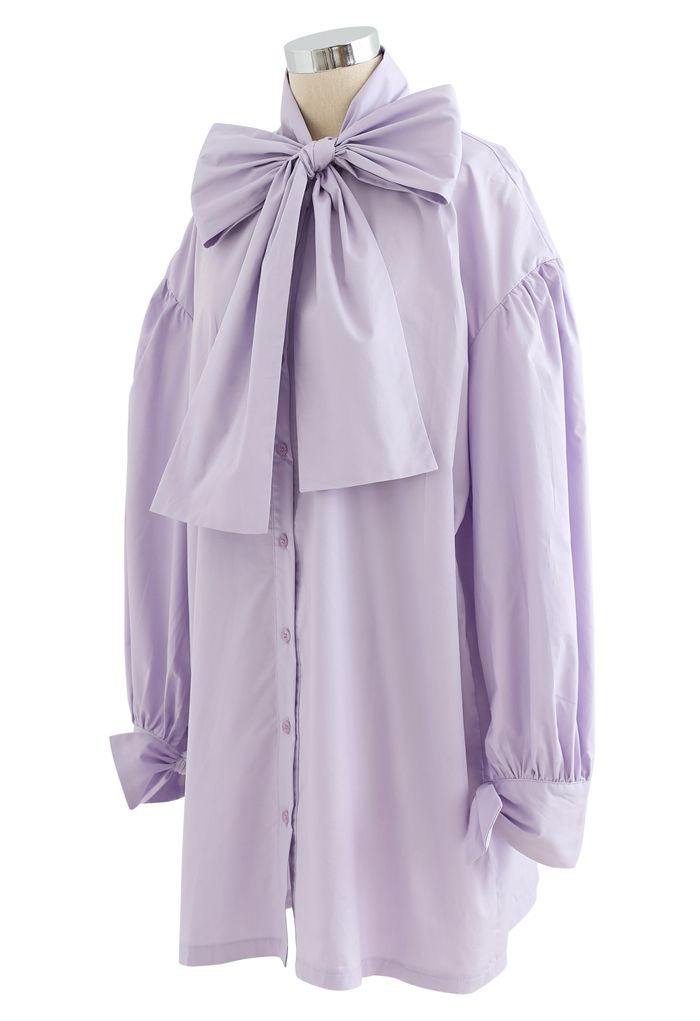 Bowknot Button Down Tunika Shirt Kleid in Lila