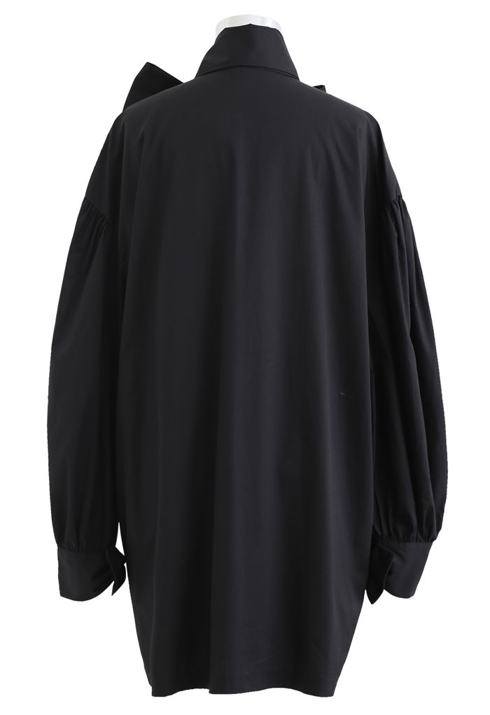 Bowknot Button Down Tunika Shirt Kleid in Schwarz