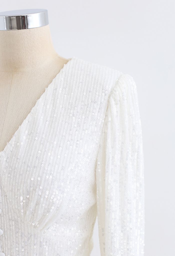 Shimmer Sequin Padded Shoulder Mesh Kleid in Perlweiß