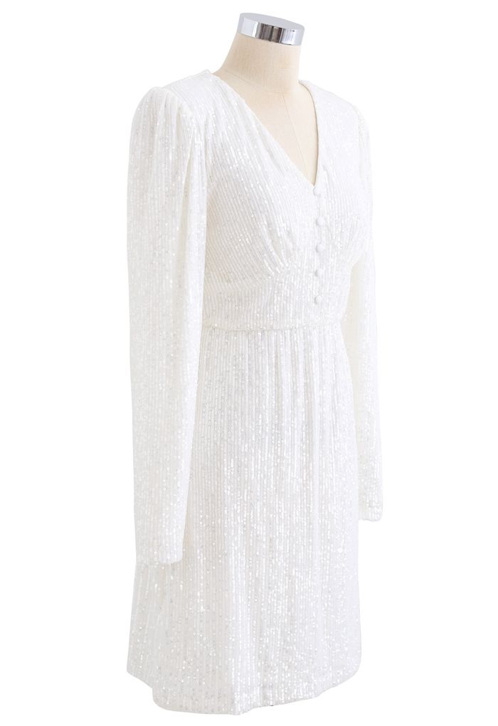 Shimmer Sequin Padded Shoulder Mesh Kleid in Perlweiß
