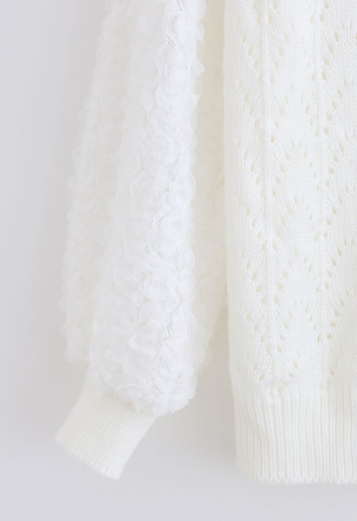 3D Flower Lace Sleeves Ösen-Strickpullover in Weiß