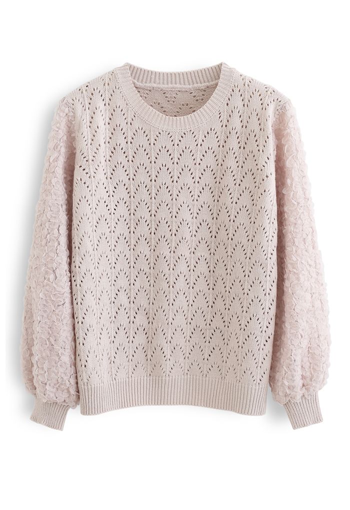 3D Flower Lace Sleeves Ösenstrickpullover in Dusty Pink
