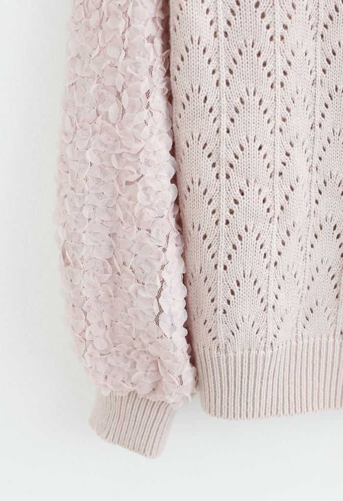 3D Flower Lace Sleeves Ösenstrickpullover in Dusty Pink
