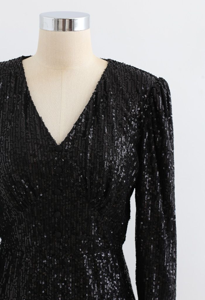 Shimmer Sequin Padded Shoulder Mesh Kleid in Schwarz