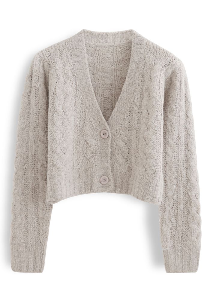 V-Neck Fuzzy Knit Crop Cardigan in Taupe