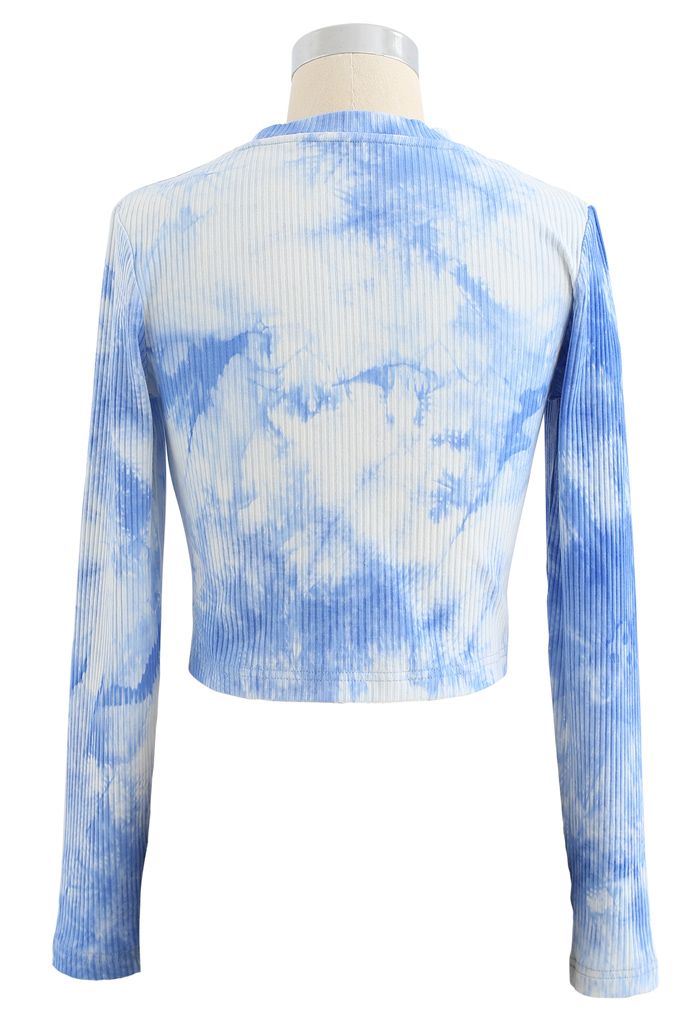 Cotton Long Sleeves Blue Tie Dye Crop Top