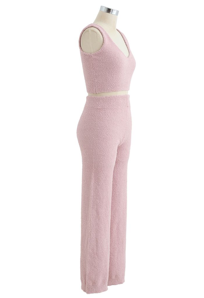 Fluffy Knit Crop Tank Top und Hosen Set in Pink
