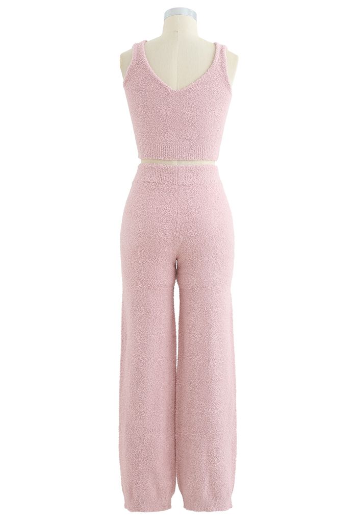 Fluffy Knit Crop Tank Top und Hosen Set in Pink