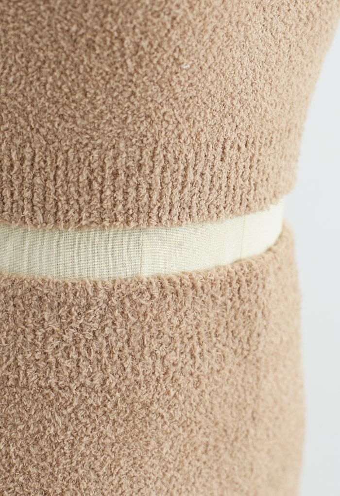 Fluffy Knit Crop Tank Top und Hosen Set in Tan
