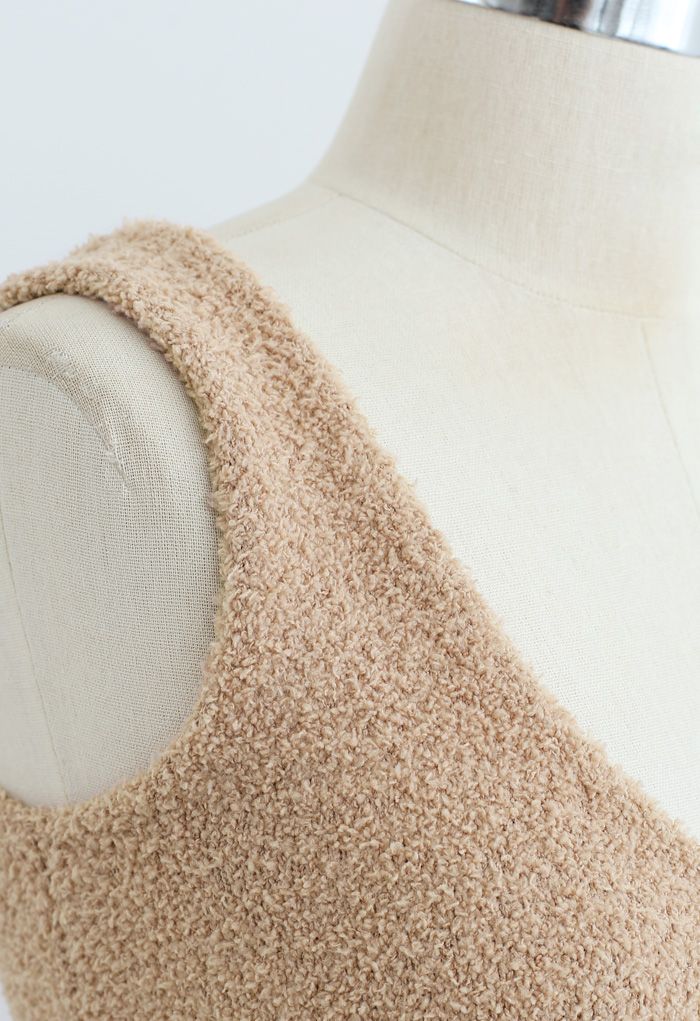 Fluffy Knit Crop Tank Top und Hosen Set in Tan