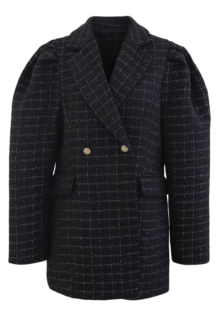 Tweed Mantel mit Puffschultern und Taschen in Schwarz