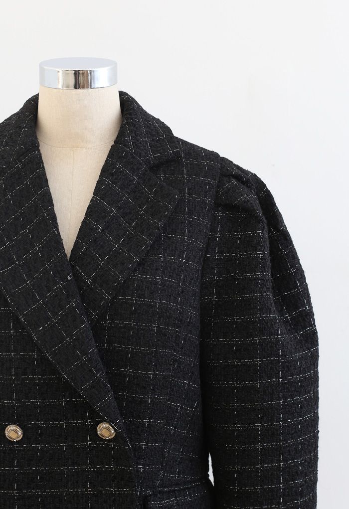 Tweed Mantel mit Puffschultern und Taschen in Schwarz