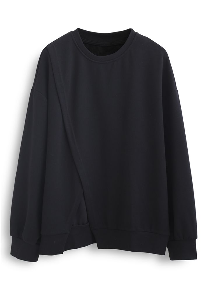 Oversize-Sweatshirt mit überkreuzter Klappe vorne in Schwarz
