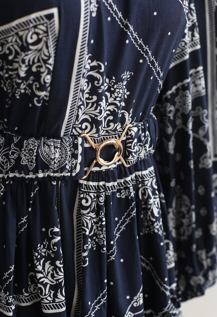 Boho Dolly Kleid mit Puffärmeln und Gürtel in Marineblau