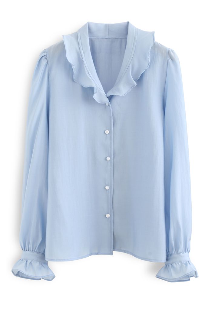 Halbtransparentes Button-Down-Hemd mit Rüschen in Blau