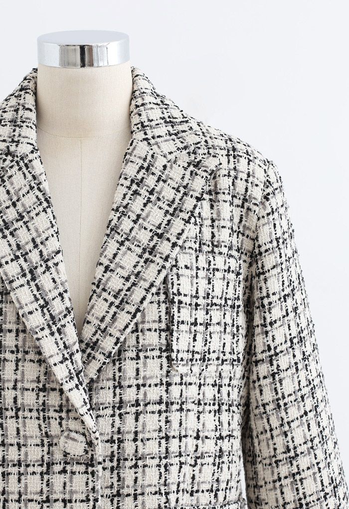 Karierter Tweed-Blazer mit aufgesetzten Taschen in Creme