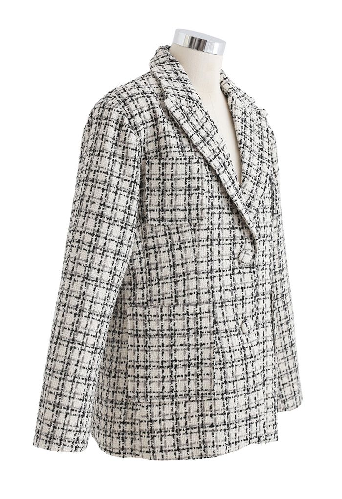 Karierter Tweed-Blazer mit aufgesetzten Taschen in Creme