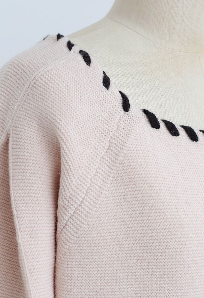 Pullover mit geflochtenen Kanten und Bowknot-Puffärmeln in Nude Pink