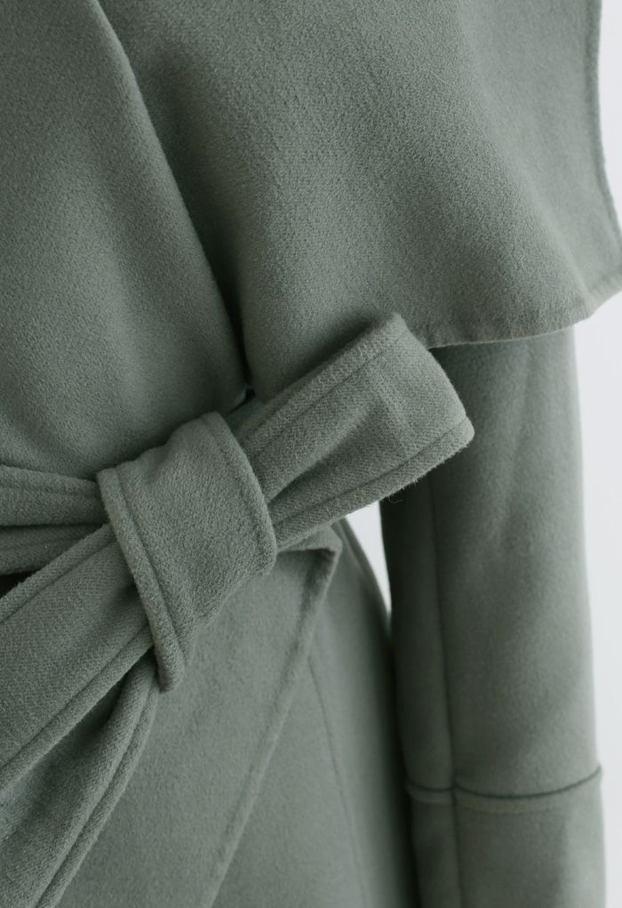 Mantel aus Wollmischung mit breitem Revers und Bindegürtel in Olivgrün