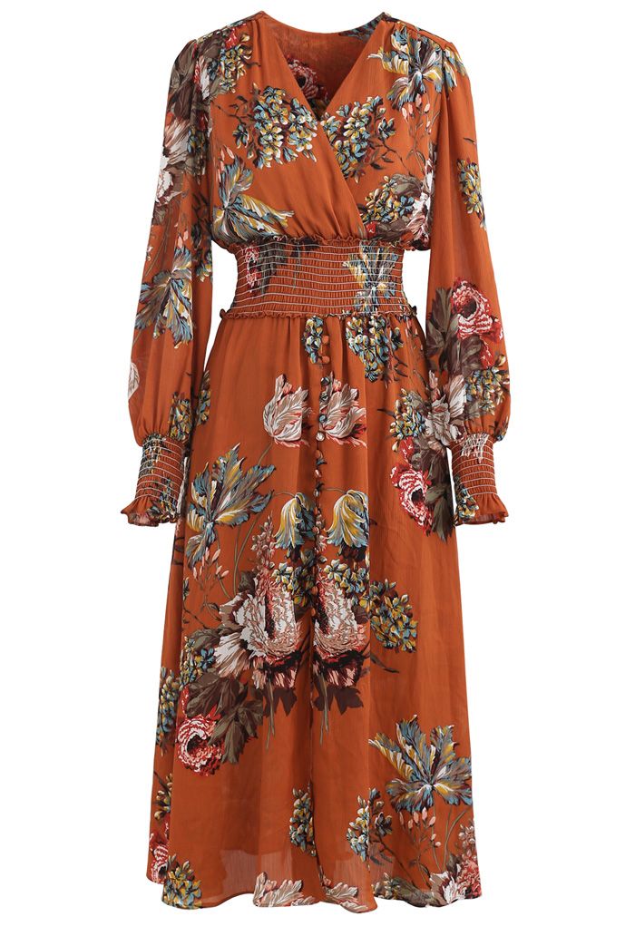 Blooming Bouquet Midi-Wickelkleid aus Satin mit Knöpfen in Orange