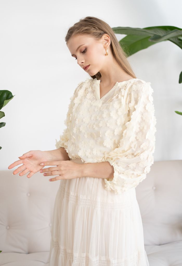 3D Clover Sheer Puff Sleeves V-Neck Top in Cream