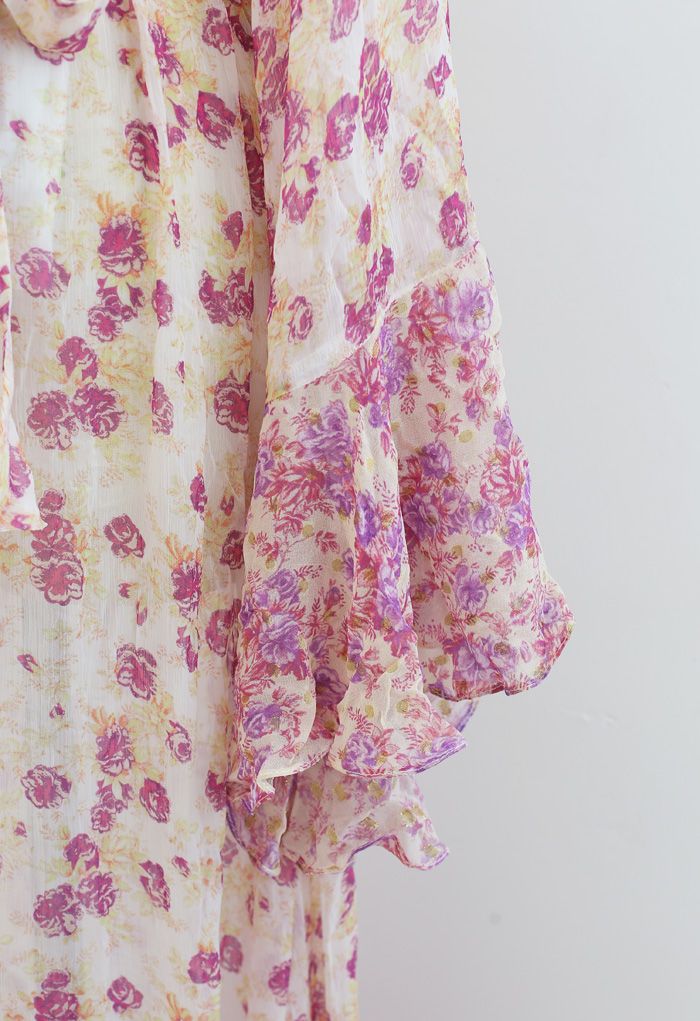 Kimono Mit Blumenmuster Ärmel Halbtransparentes Hi-Lo Kleid