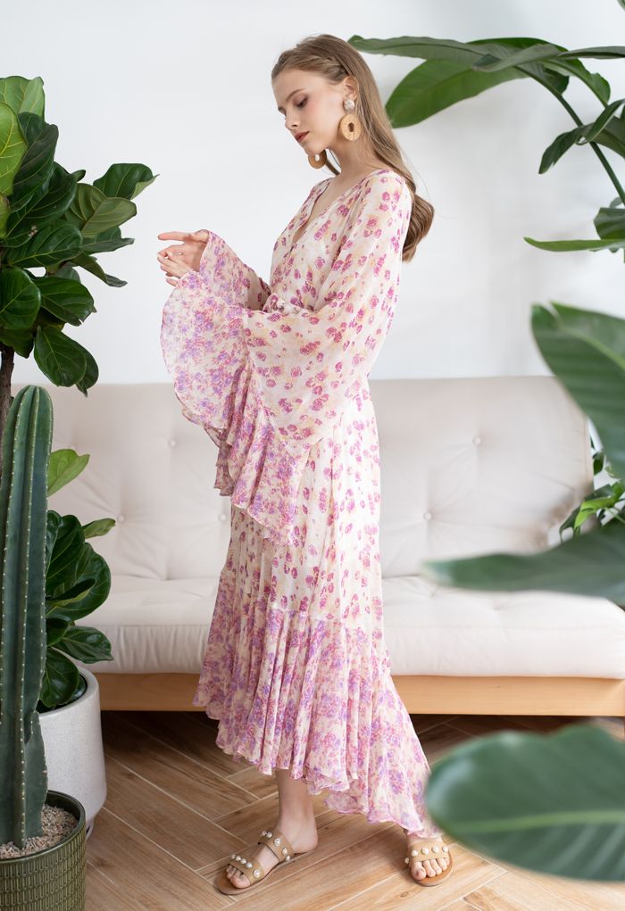 Kimono Mit Blumenmuster Ärmel Halbtransparentes Hi-Lo Kleid