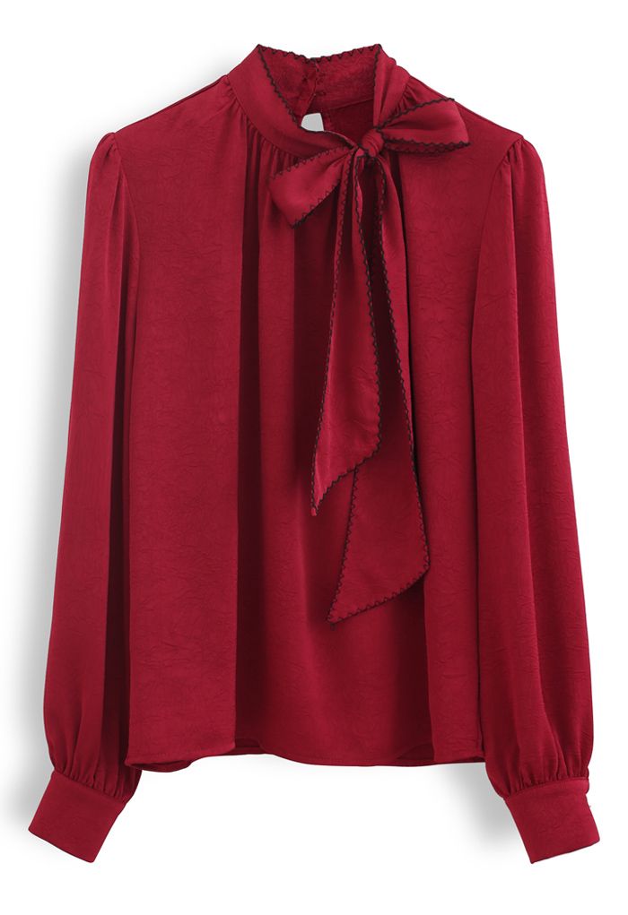 Seamed Edge Bowknot Strukturiertes Satin Top in Rot