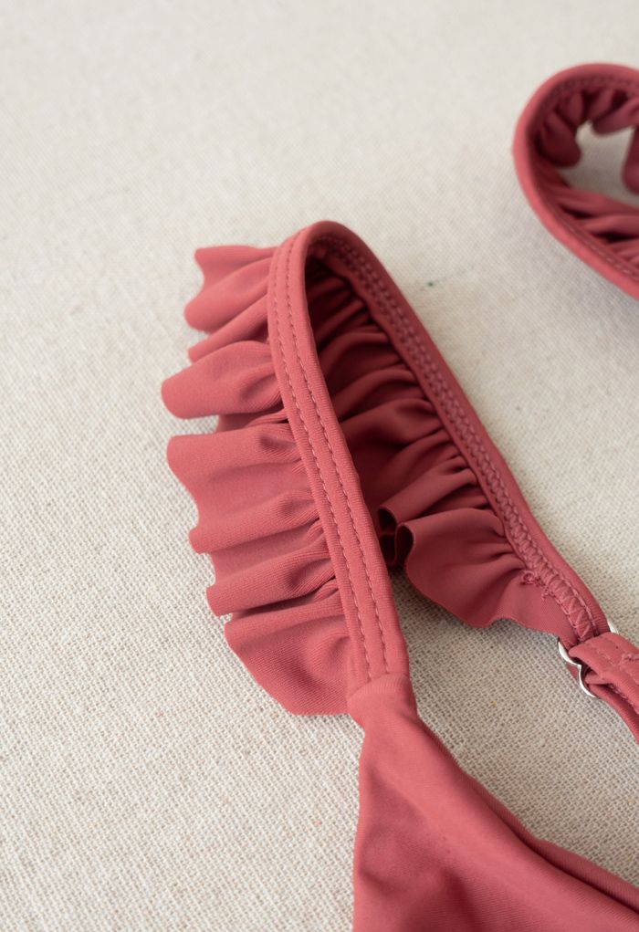 Knot Front Ruffle Bikini-Set mit hoher Taille