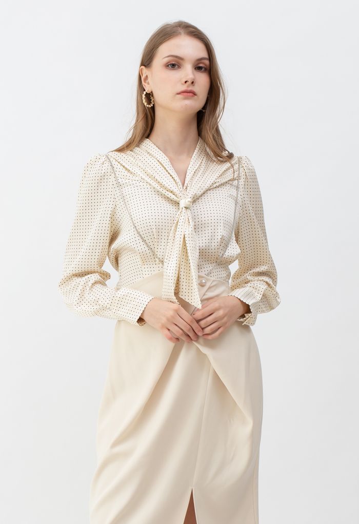 Pearl Tie Knot Polka Dots Hemd in Creme
