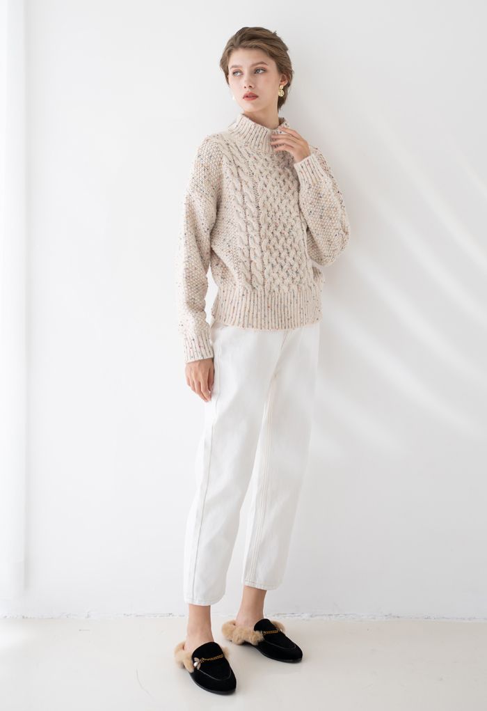 Bunte Punkte High Neck Chunky Strickpullover