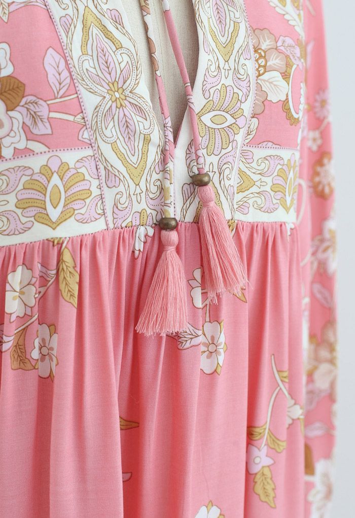 Langarm-Blumen-Quasten-Dolly-Tunika in Pink