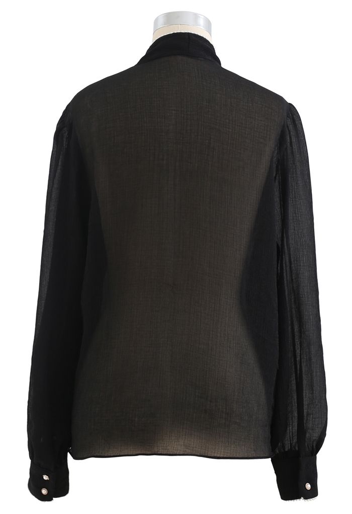 Bowknot Pearl Trim Semi-Sheer Shirt in Schwarz