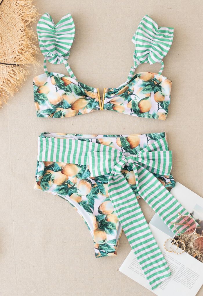 Gestreifter Bowknot Bikini Set mit Zitronendruck