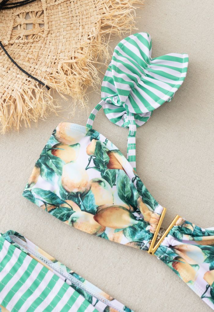 Gestreifter Bowknot Bikini Set mit Zitronendruck