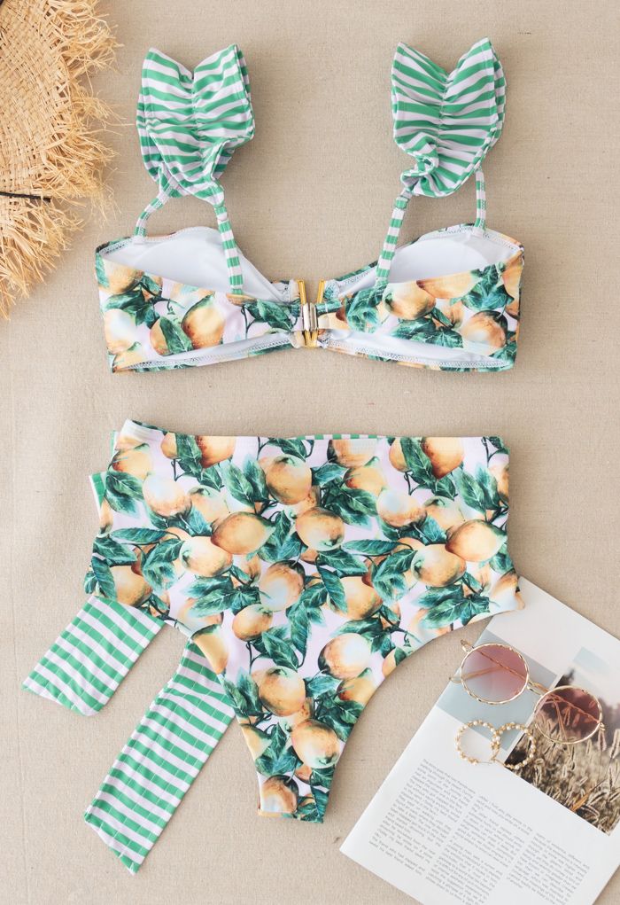 Gestreifter Bowknot Bikini Set mit Zitronendruck