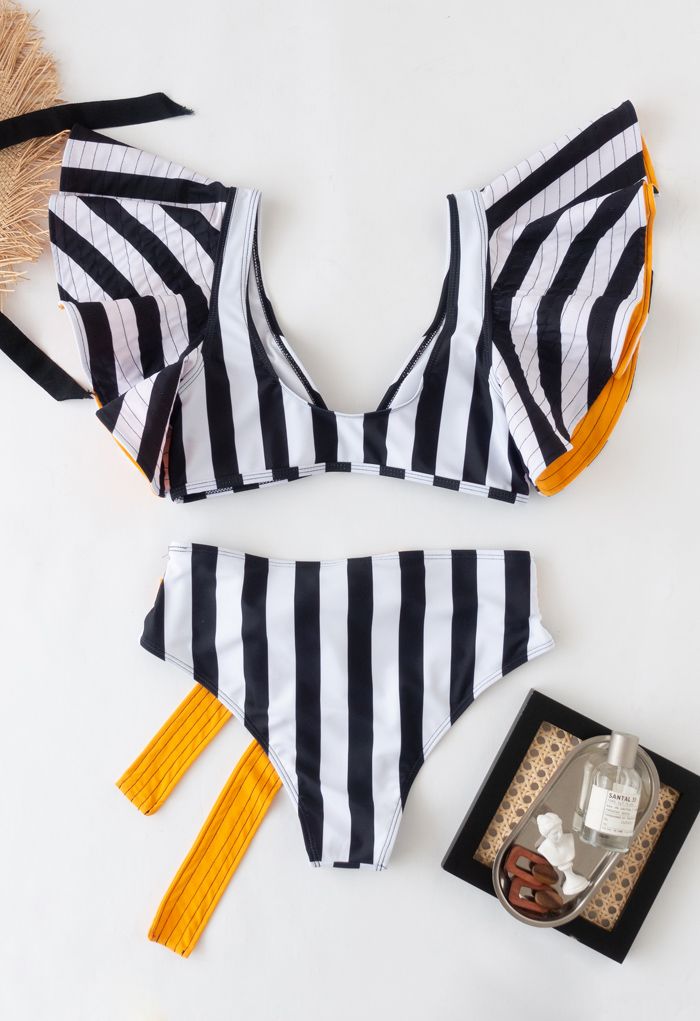 Schwarz Weiß Streifen Rüschen Bowknot Bikini Set