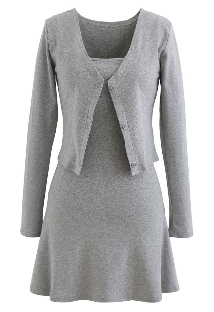 Baumwollmischung V-Ausschnitt Knopf Twinset Kleid in Grau