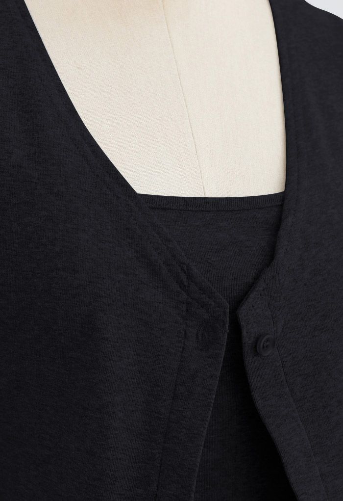 Baumwollmischung V-Ausschnitt Knopf Twinset Kleid in Schwarz