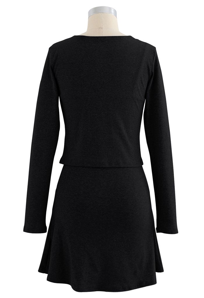 Baumwollmischung V-Ausschnitt Knopf Twinset Kleid in Schwarz