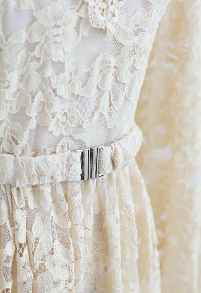 Belted Full Lace Frilling Dress in Cream