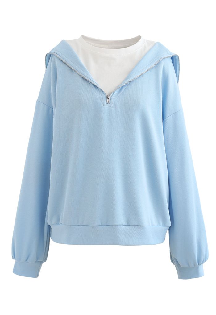 Gespleißtes Sweatshirt mit Reißverschluss vorne in Babyblau