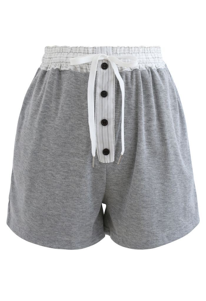 Button Drawstring Crop Top und Shorts Set in Grau
