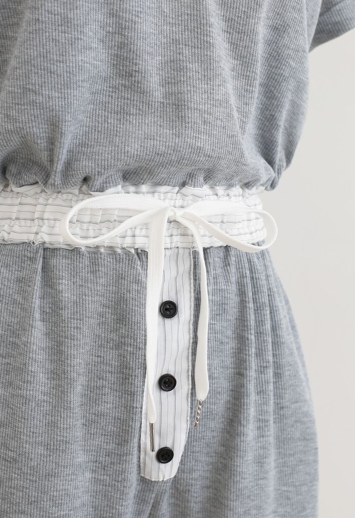 Button Drawstring Crop Top und Shorts Set in Grau