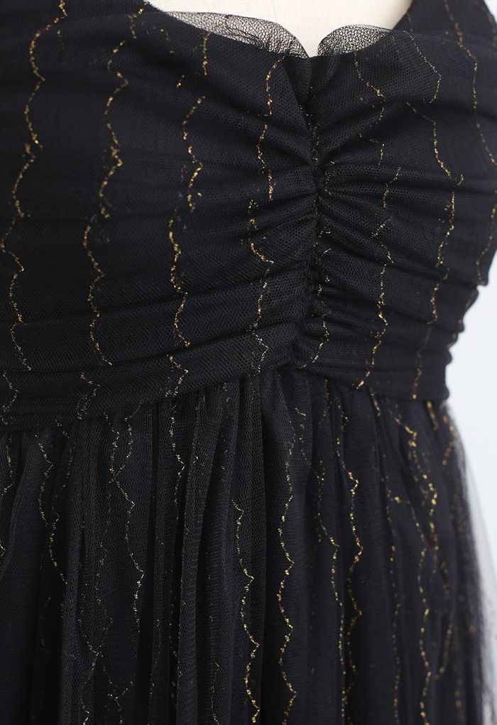 Golden Scallop Line Mesh Cami Kleid in Schwarz