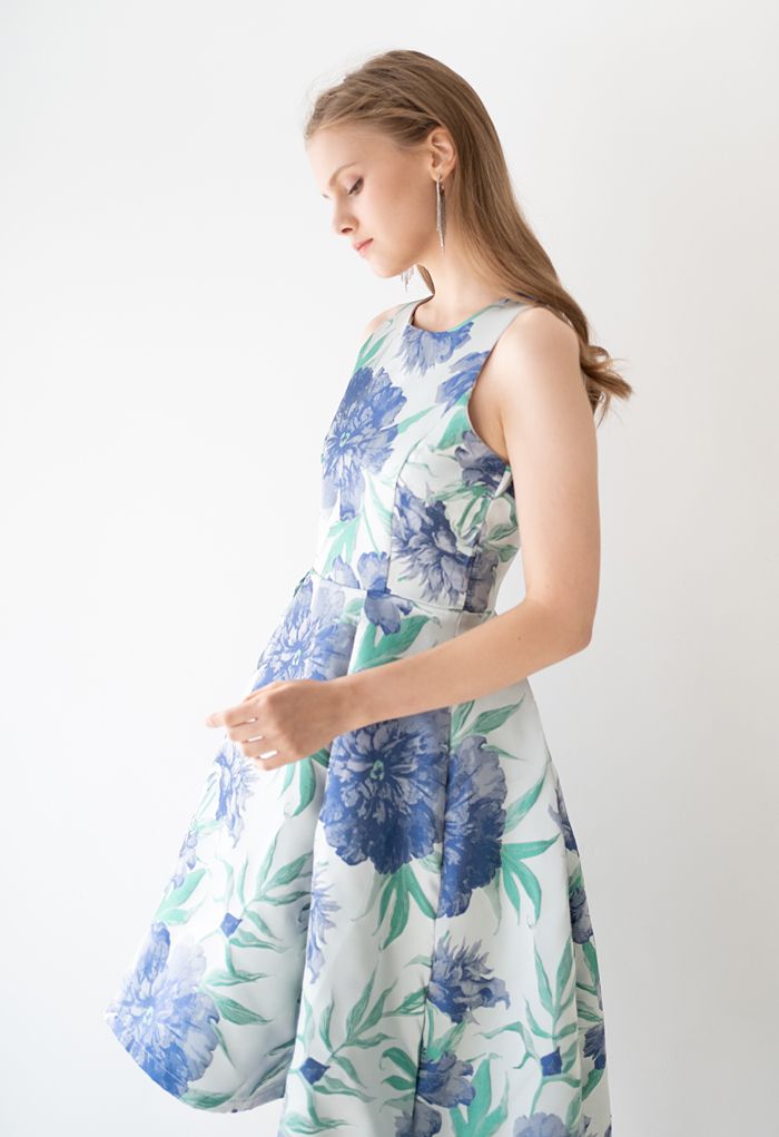 Blaue Dahlie Jacquard Wasserfall Ärmelloses Kleid